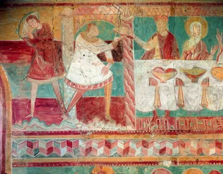Servants bringing a jar of wine and offering a cup to a guest at the Marriage at Cana, from the South wall of the Choir, 12th century